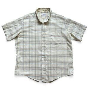 Vintage Ivy Classics Tan Blue Orange Plaid Button Down Short Sleeve Shirt XL USA